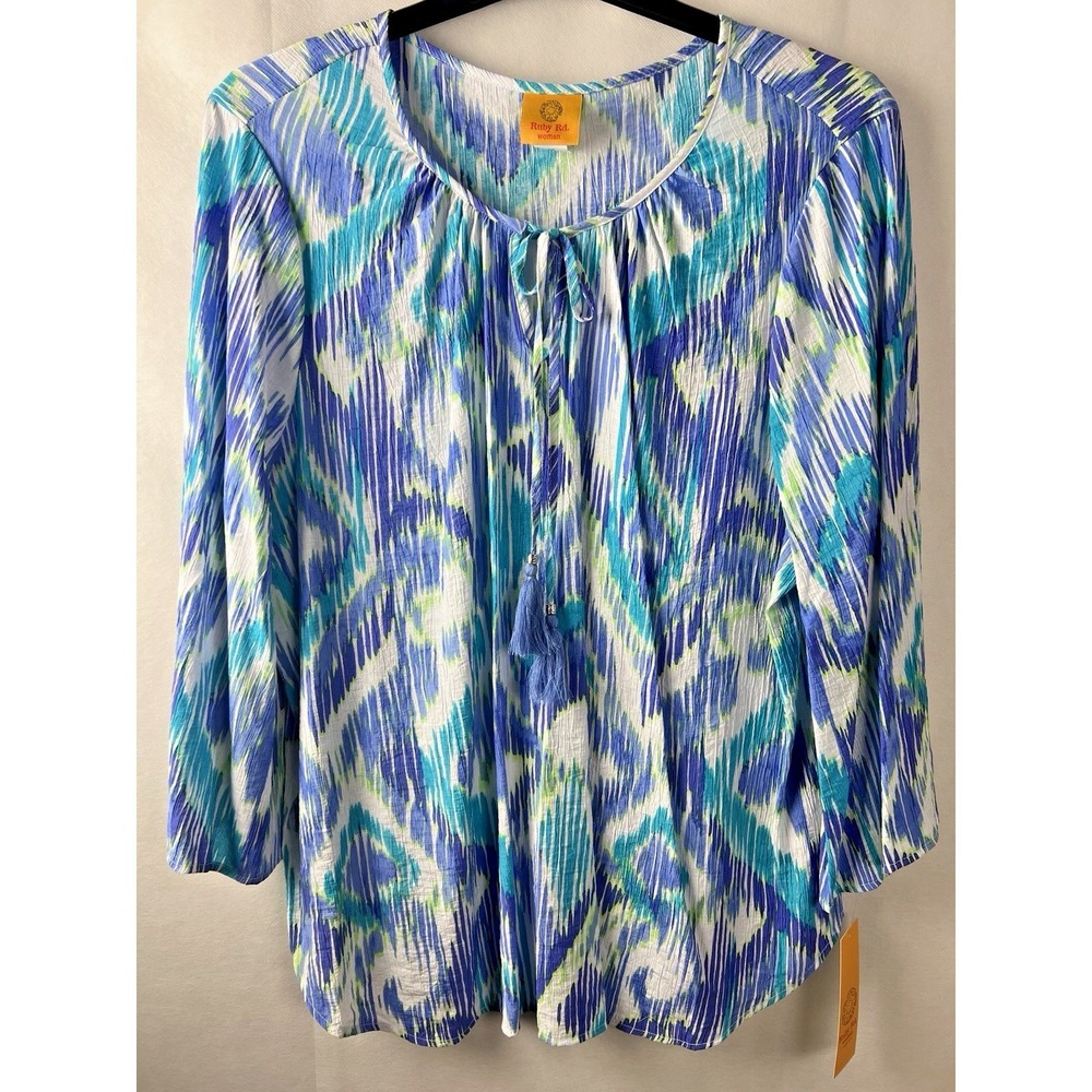 Ruby Rd‎ Blouse Womens Plus 3X Top Blue Ikat Scoop Neck Tassel 3/4 Sleeve B20
